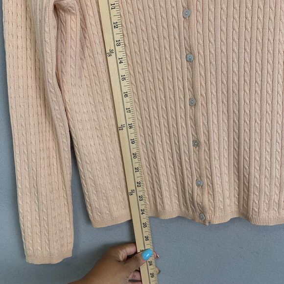 Vintage Rena Rowan Cable Knit Cardigan Peach Size Large Classic Cozy Sweater - Picture 7 of 8